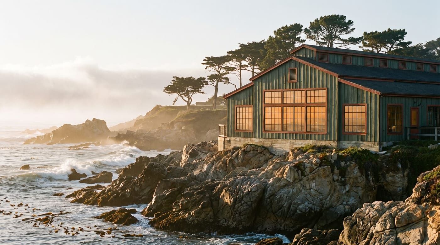 Hotel Punta Niebla, a fog-wrapped coastal property with weathered wood buildings and a guest courtyard