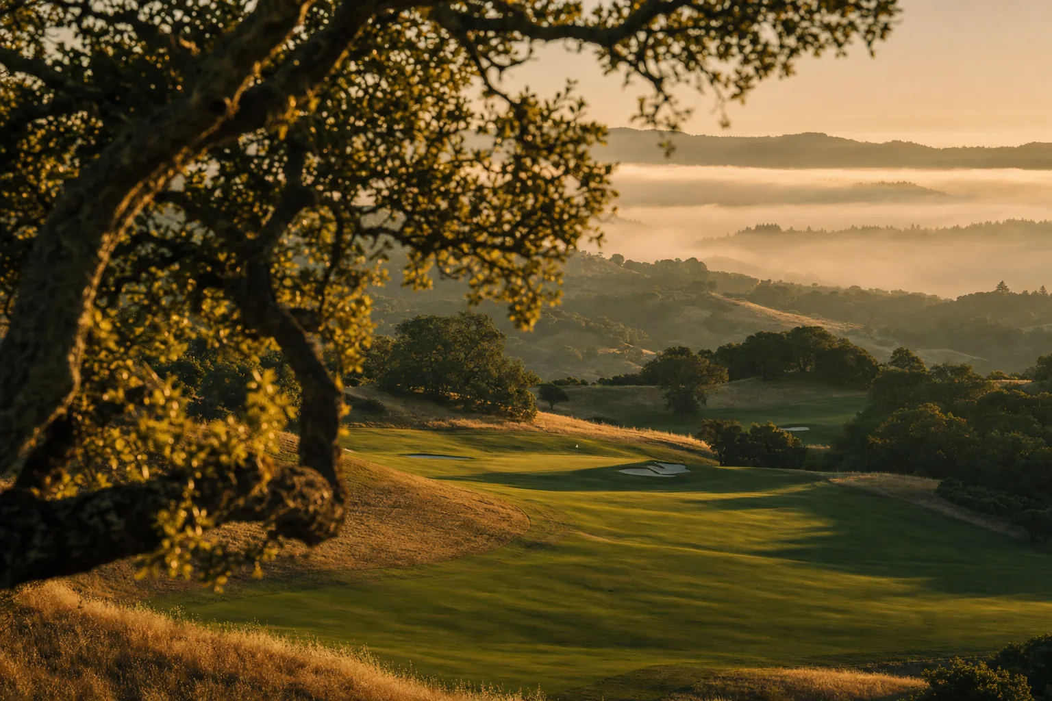 Golden-hour view over rolling fairways framed by coast live oaks with fog settling into the Santa Cruz mountains