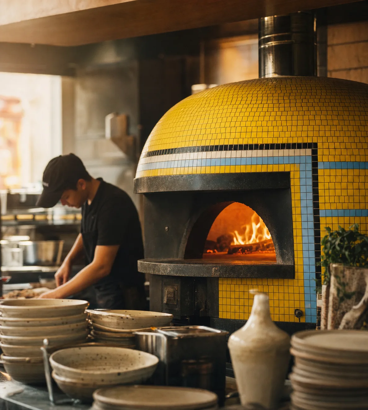 Yellow's yellow-tiled wood-fired dome oven, glowing inside a warm bakery scene